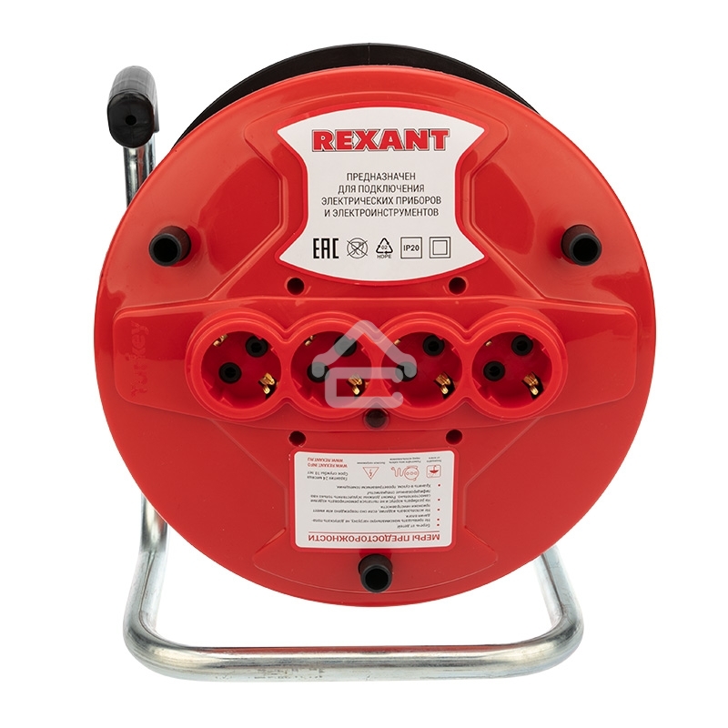 Удлинитель-шнур на катушке Rexant ПВС 3х1.0, 50 м, 4 гнезда, с/з, 10 А, 2200 Вт, IP20, оранжевый (Сделано в России)