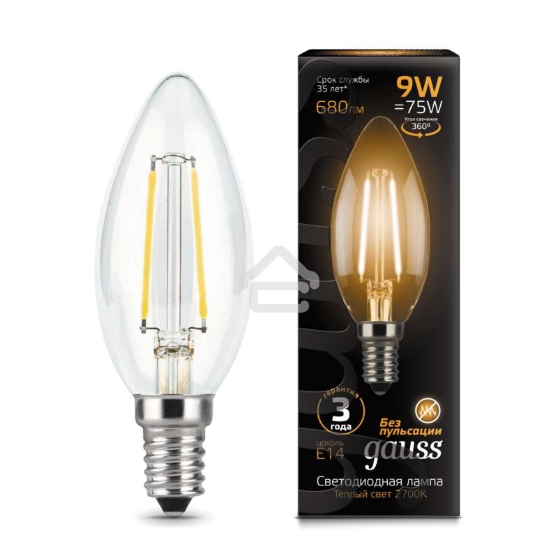 Светодиодная лампа LED GAUSS 103801109 Filament Свеча E14 9W 680lm 2700К 1/10/50