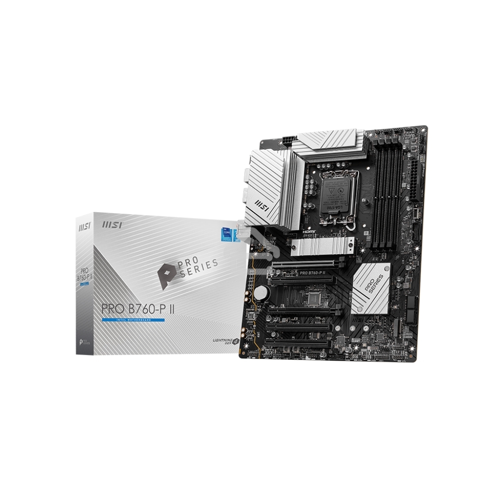 Материнская плата MSI PRO B760-P II, LGA 1700, Intel B760, 4xDDR5, 4xSATA, 2xM.2, 1xPCI-E 4.0 x16, 1xPCI-E 4.0 x4, 3xPCI-E 3.0 x1, 1xHDMI, 1xDP, 1xRJ45 2.5Gb, 1xUSB-C 3.2 Gen 2, 2xUSB-A 3.2 Gen 1, 2xUSB-A 2.0, 5x3.5мм, TOSLINK, 7.1, Standard-ATX