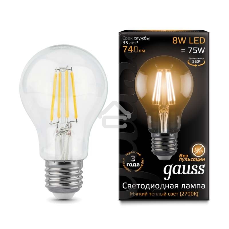 Лампа светодиодная Gauss Filament A60 E27 8Вт 2700К