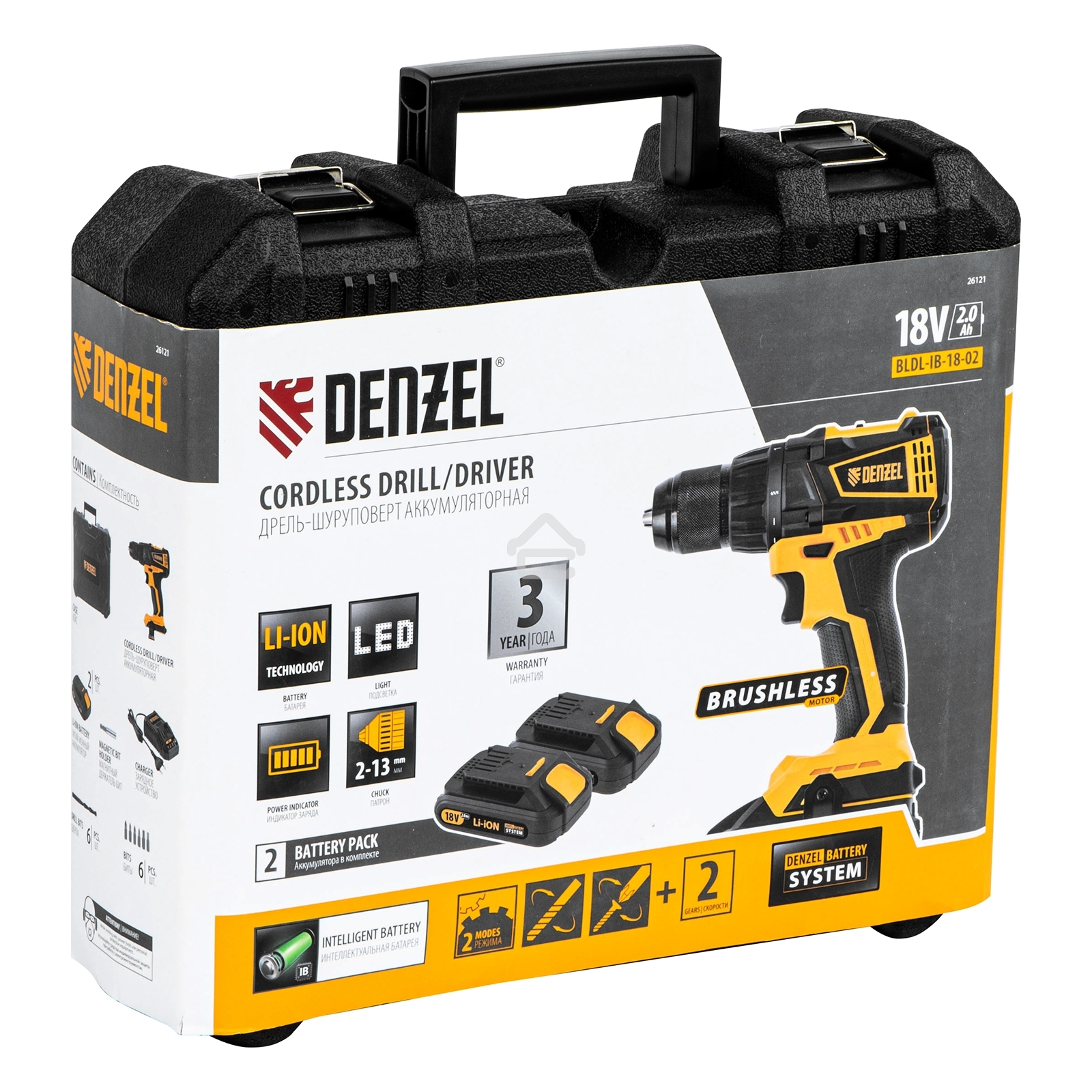 Дрель-шуруповерт аккумуляторная Denzel BLDL-IB-18-02, 18В, 2 АКБ, Кейс