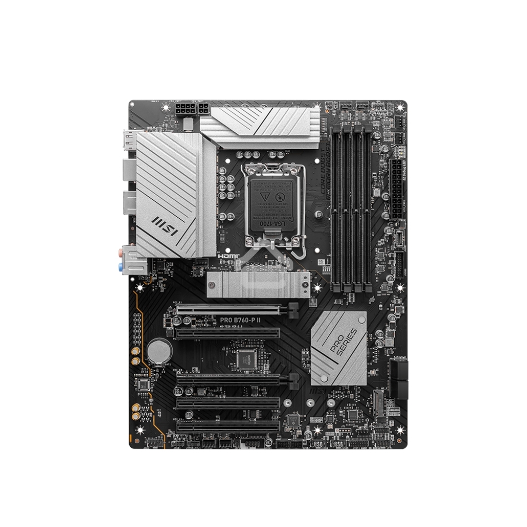 Материнская плата MSI PRO B760-P II, LGA 1700, Intel B760, 4xDDR5, 4xSATA, 2xM.2, 1xPCI-E 4.0 x16, 1xPCI-E 4.0 x4, 3xPCI-E 3.0 x1, 1xHDMI, 1xDP, 1xRJ45 2.5Gb, 1xUSB-C 3.2 Gen 2, 2xUSB-A 3.2 Gen 1, 2xUSB-A 2.0, 5x3.5мм, TOSLINK, 7.1, Standard-ATX