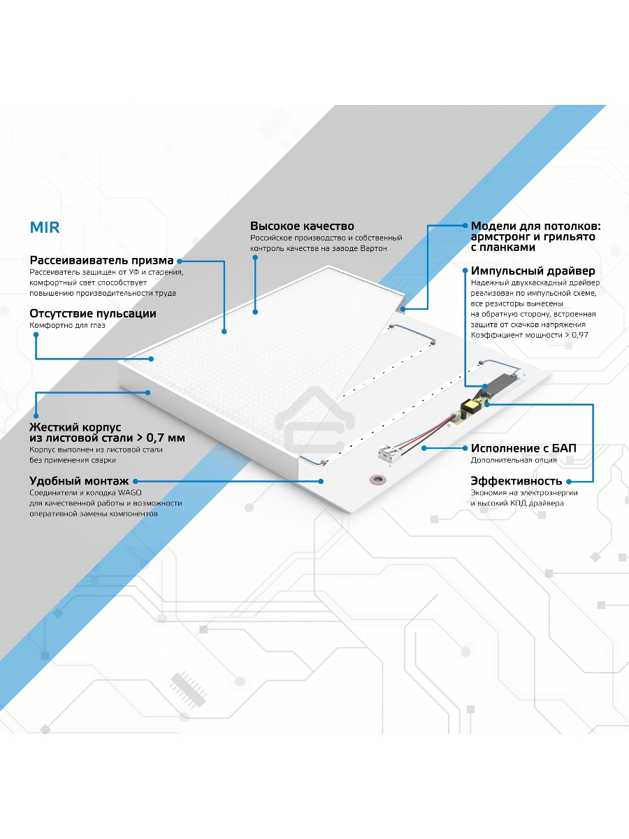 Светильник светодиодный универсальный LED ДВО 30 Вт MiR 3700 Лм 5000К 595х595х50 мм IP40 призма Gauss