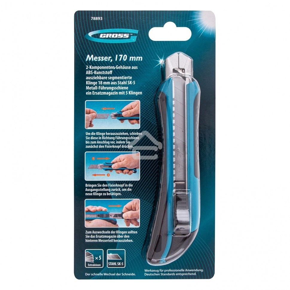 Нож Gross 170 мм, обрезин. ABS - корпус, выдв.сегм. лезвие 18 мм (SK-5), метал. напр-щая, 5 лезвий