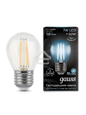Светодиодная лампа GAUSS 105802207 LED Filament Шар E27 7W 580lm 4100K 1/10/50