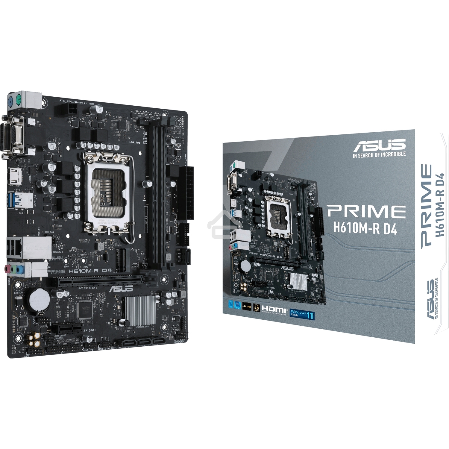 Материнская плата ASUS PRIME H610M-R D4-SI, LGA 1700, Intel H610, 2xDDR4, 4xSATA, 1xM.2 PCIe 3.0 x4, 1xPCIe 4.0 x16, 1xPCIe x1, 1xHDMI, 1xDVI, 1xVGA, 2xUSB-A 2.0, 2xUSB-A 3.2 Gen 1, 1x 1Gb LAN, 3x3.5 мм, 7.1, mATX