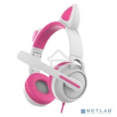 Гарнитура проводная для игр и стриминга с подсветкой, складная, Qumo Game Cat белый/розовый (GHS 0035), подключение 1х3,5 Jack + питание USB