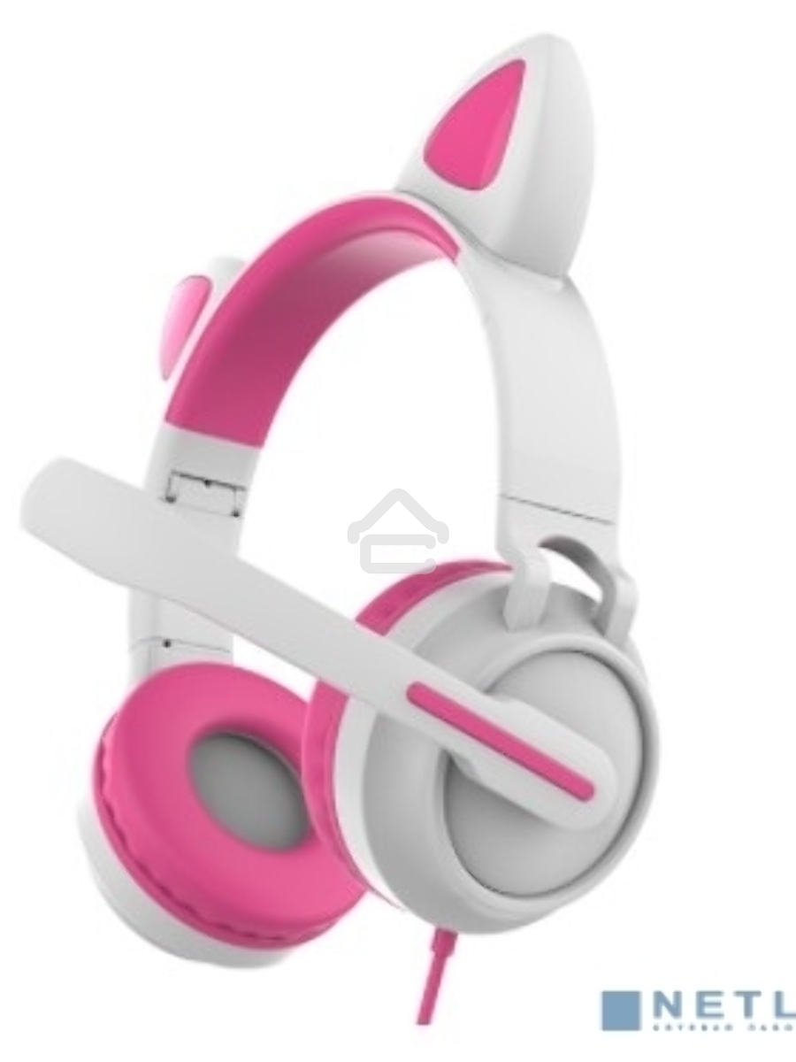 Гарнитура для игр и стриминга с подсветкой, складная, Qumo Game Cat White&pink (GHS 0035), подключение 1х3,5 Jack + питание USB