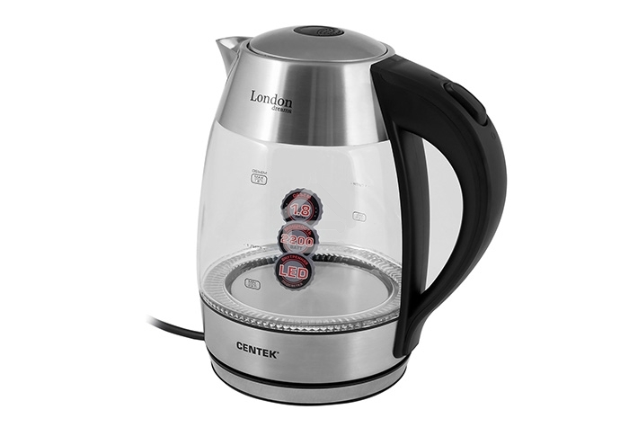 Чайник Centek CT-0059 London, стекло, 1.8л, 2200Вт, LED-подсветка, отделка нерж.