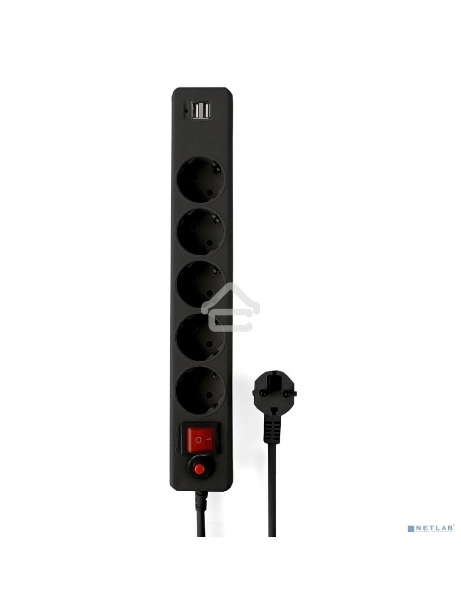 Сетевой фильтр Гарнизон 5р, 10А, 2xUSB, 1.8м, ур.защиты 4, черный, пакет