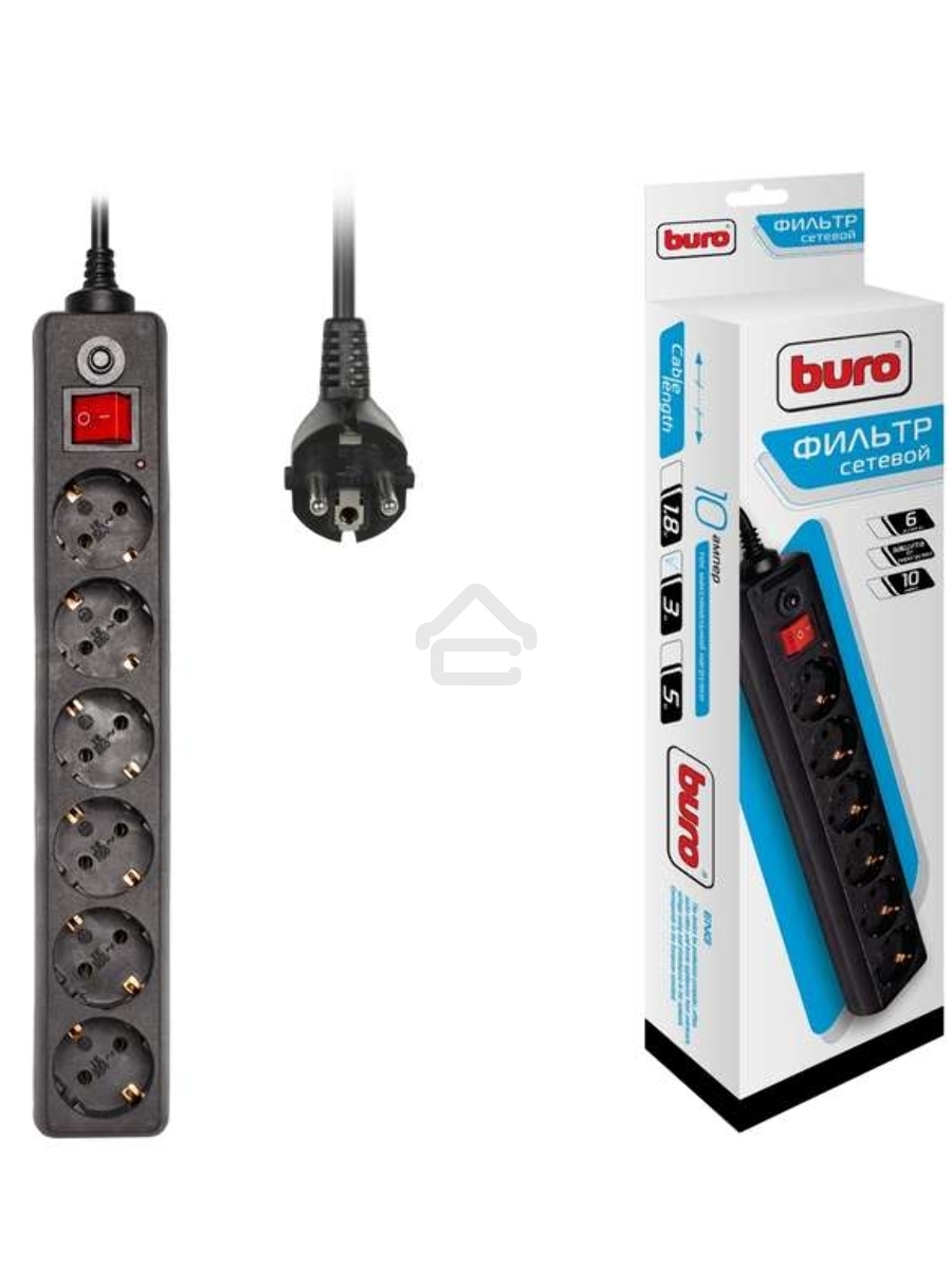 Сетевой фильтр Buro 600SH-3-B 3м (6 розеток) черный (коробка)