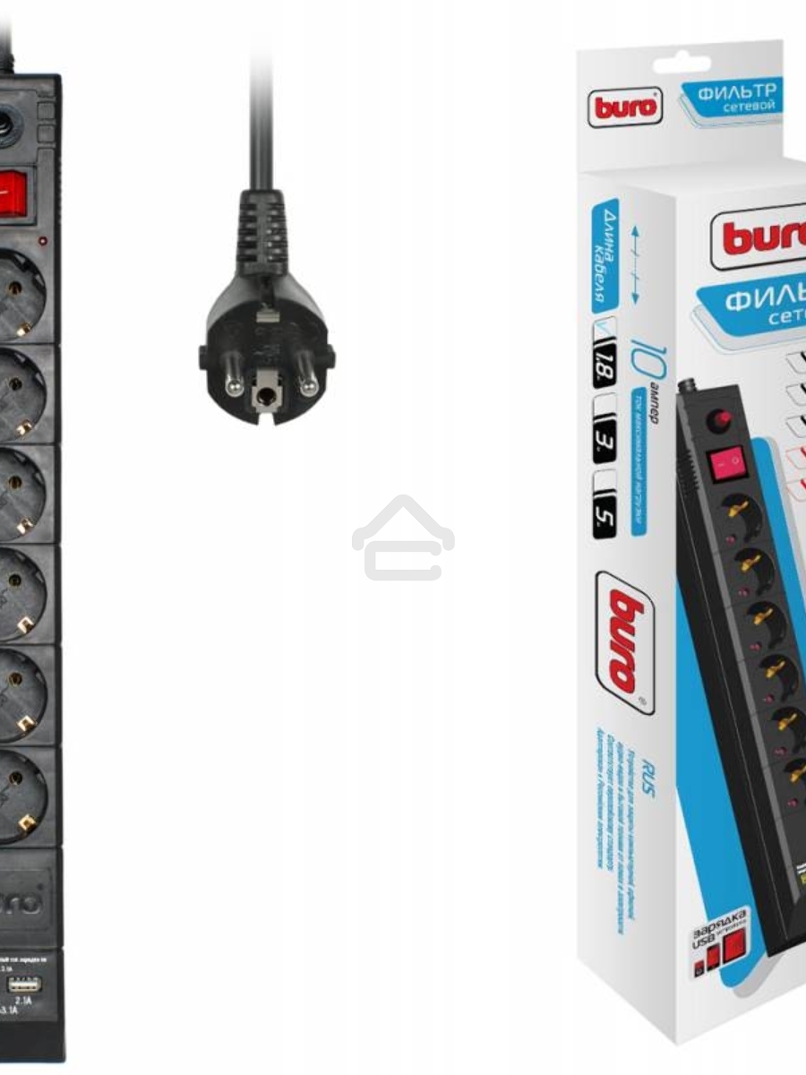 Сетевой фильтр Buro BU-SP1.8_USB_2A-B 1.8м (6 розеток) черный (коробка)