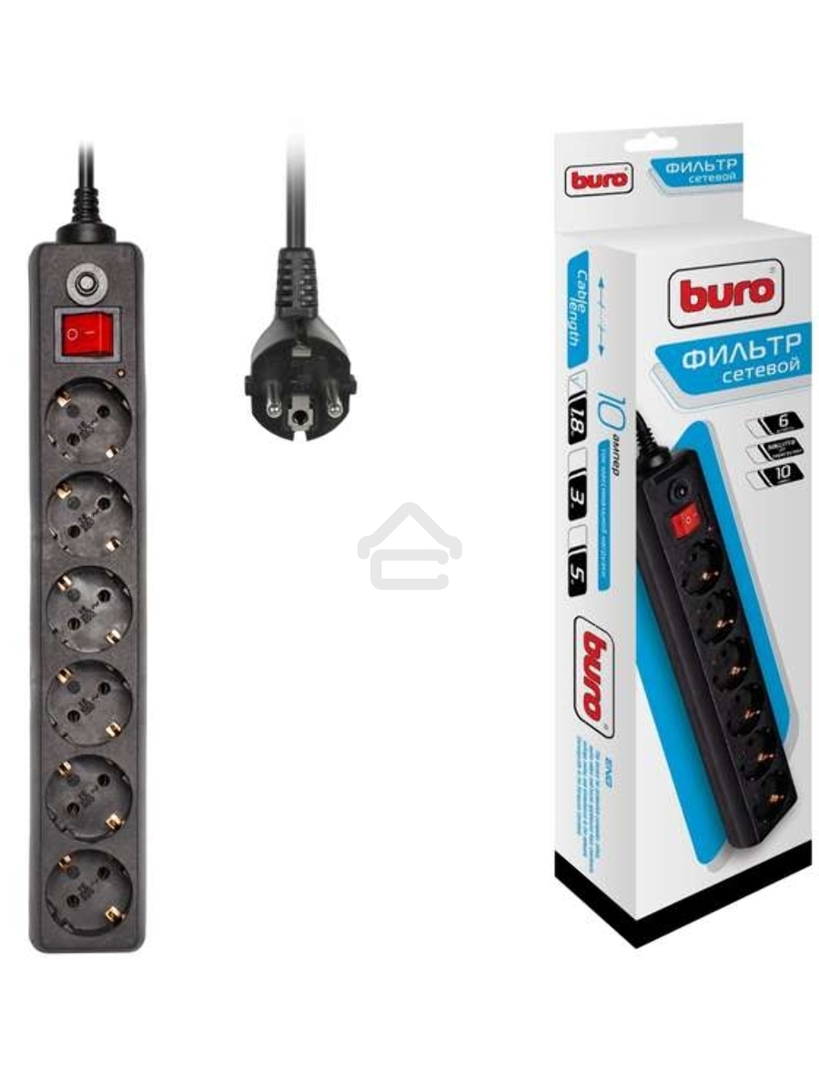 Сетевой фильтр Buro 600SH-1.8-B 1.8м (6 розеток) черный (коробка)