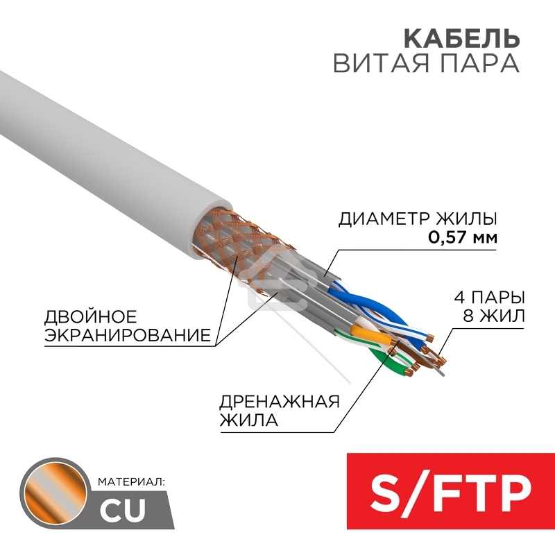 Кабель витая пара, S/FTP, CAT 6A, ZH нг(А)-HF, 4х2х0,575мм, 23AWG, INDOOR, SOLID, серый, 305м Rexant PRO