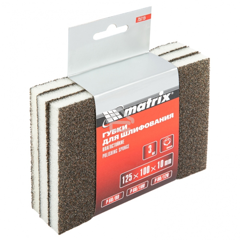 Губка для шлифования Matrix, 125 х 100 х 10 мм, мягкая, 3 шт., P 60/80, P 60/100, P 80/120
