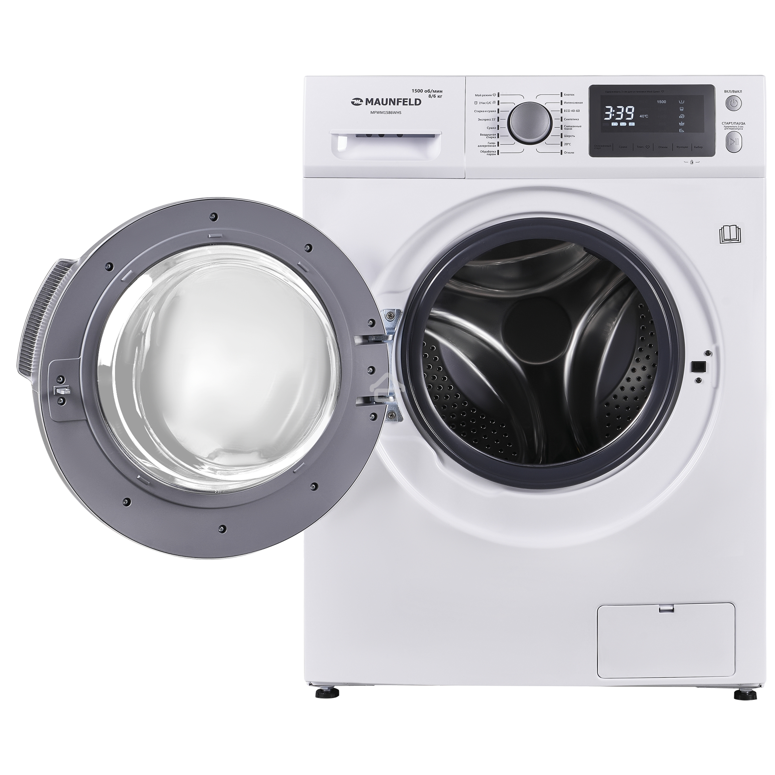 Стирально-сушильная машина Maunfeld MFWM1586WHS белая, загрузка фронтальная 8 кг, 1200об/мин, класс А