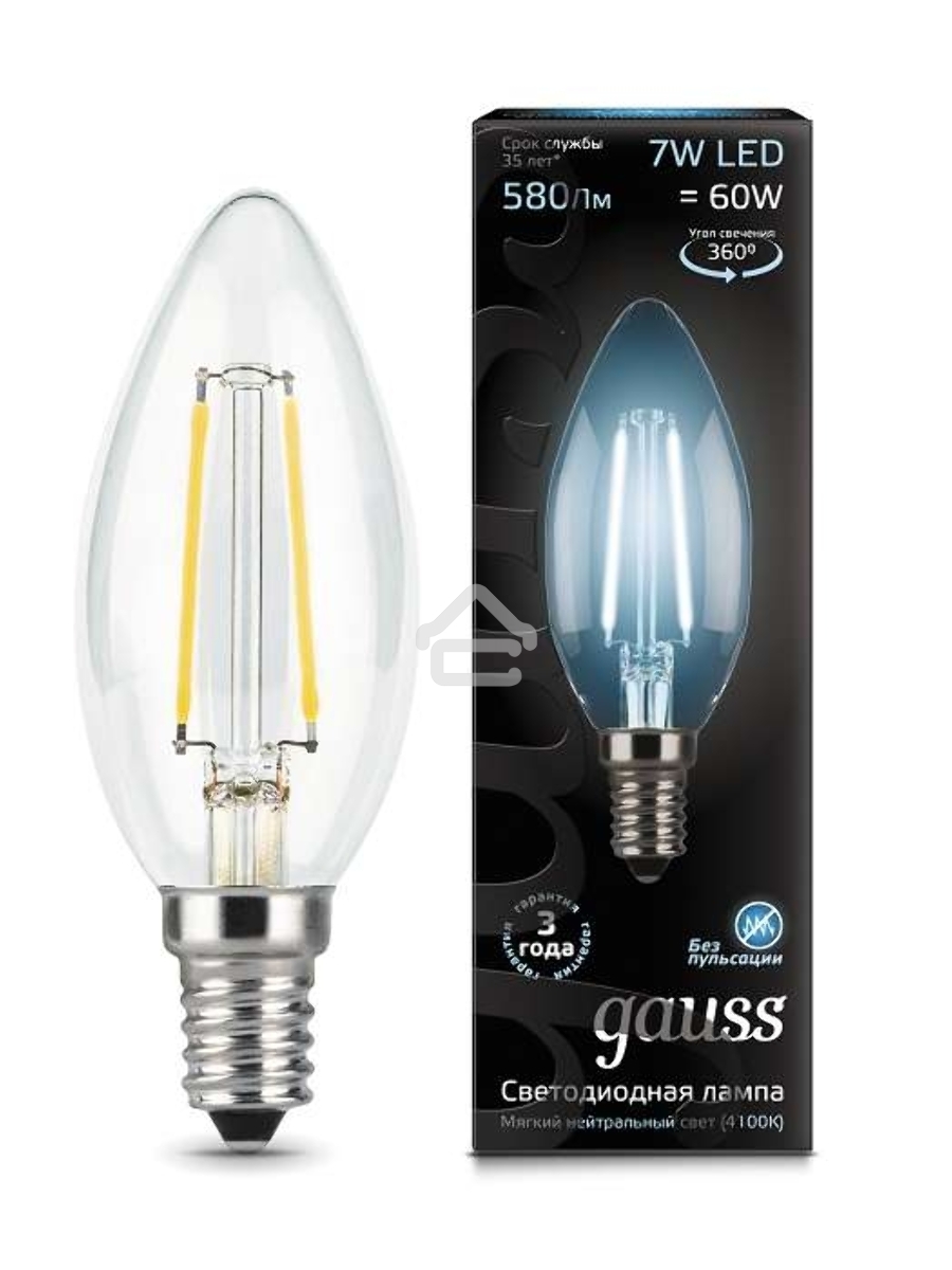 Светодиодная лампа GAUSS 103801207 LED Filament Свеча E14 7W 580lm 4100К 1/10/50