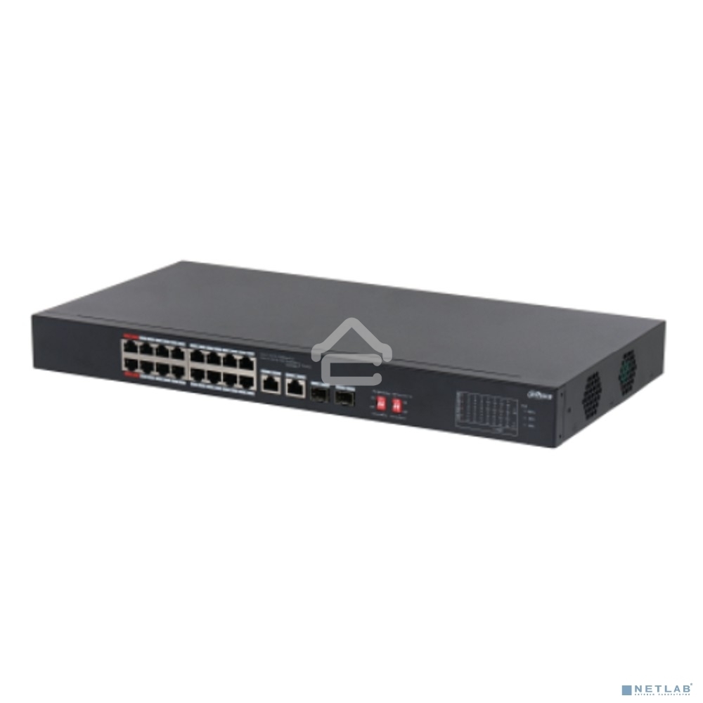 Неуправляемый 16-портовый коммутатор DAHUA DH-S3218-16ET-135 с РоЕ, 16xRJ45 100Mb, 2хКомбо SFP/RJ45 1Gb uplink, суммарно до 135Вт, коммутация 7.2 Гбит/с, MAC-таблица 8К