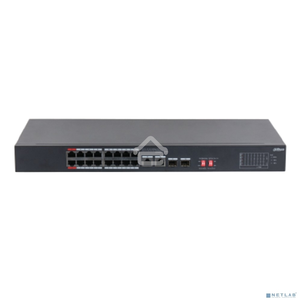 Неуправляемый 16-портовый коммутатор DAHUA DH-S3218-16ET-135 с РоЕ, 16xRJ45 100Mb, 2хКомбо SFP/RJ45 1Gb uplink, суммарно до 135Вт, коммутация 7.2 Гбит/с, MAC-таблица 8К