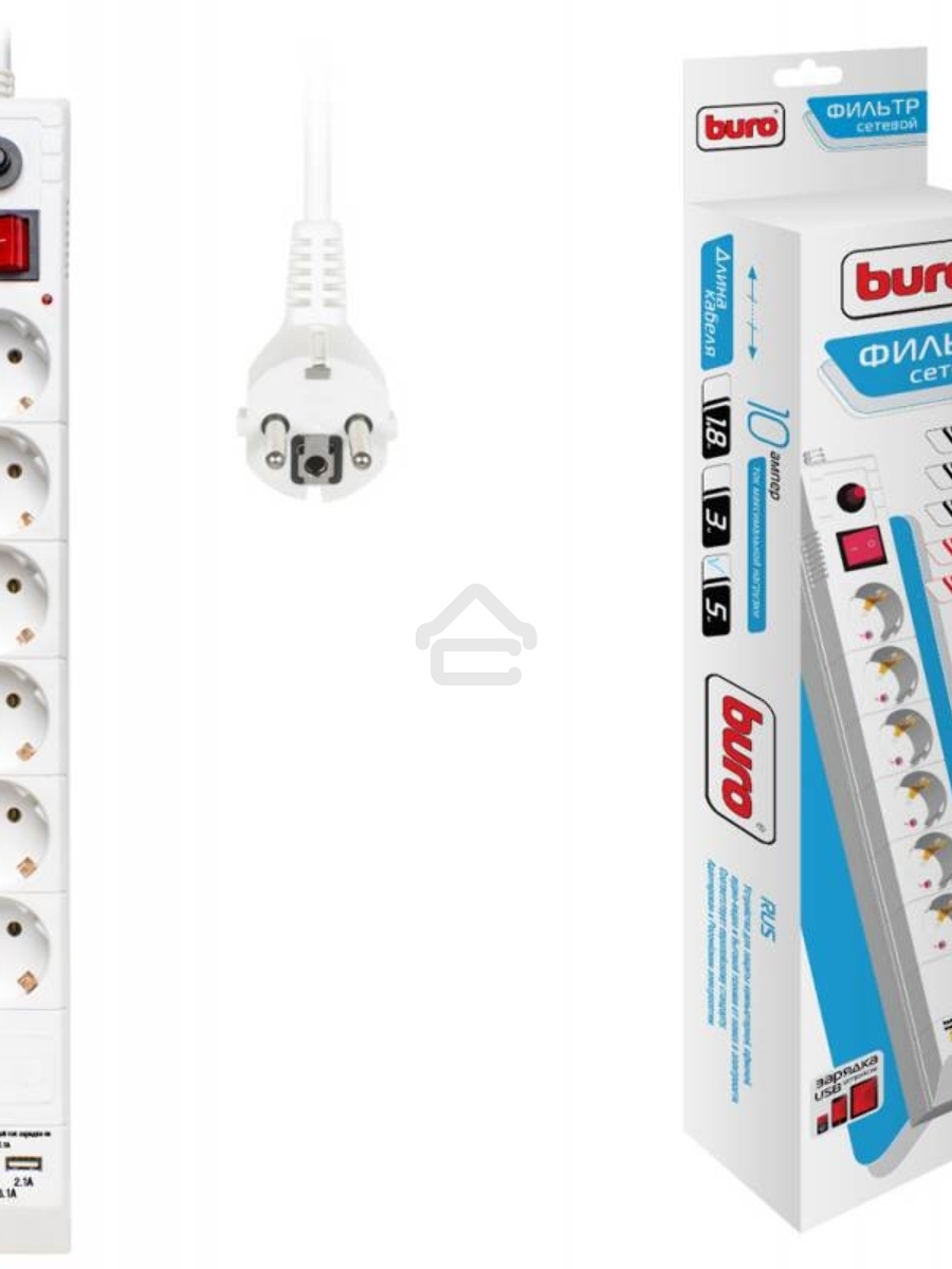 Сетевой фильтр Buro BU-SP5_USB_2A-W 5м (6 розеток) белый (коробка)