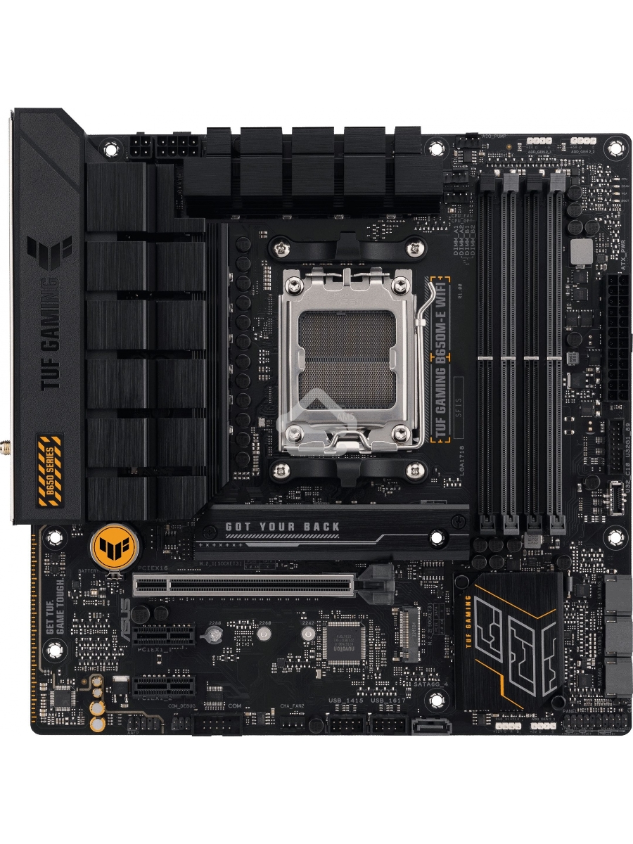 Материнская плата ASUS TUF GAMING B650M-E WIFI, AM5, AMD B650, 4xDDR5, 4xSATA, 2xM.2, 1xPCI-E 4.0 x16, 2xPCI-E x1, 2xDP, 1xHDMI, 1x 2.5Gb LAN, 1xUSB-A 3.2 Gen 2, 2xUSB-A 3.2 Gen 1, 4xUSB 2.0, 1xUSB-C 3.2 Gen 2, 3x3.5 мм, 7.1, Micro-ATX