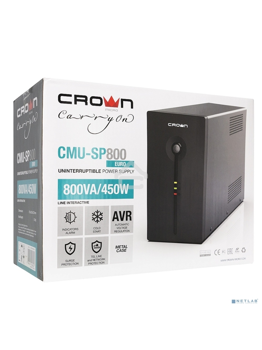 Источник бесперебойного питания CROWN ИБП CMU-SP800EURO {800VA, металл,1x12V/9AH, розетки 3*EURO+1*IEC bybas} CM000001492