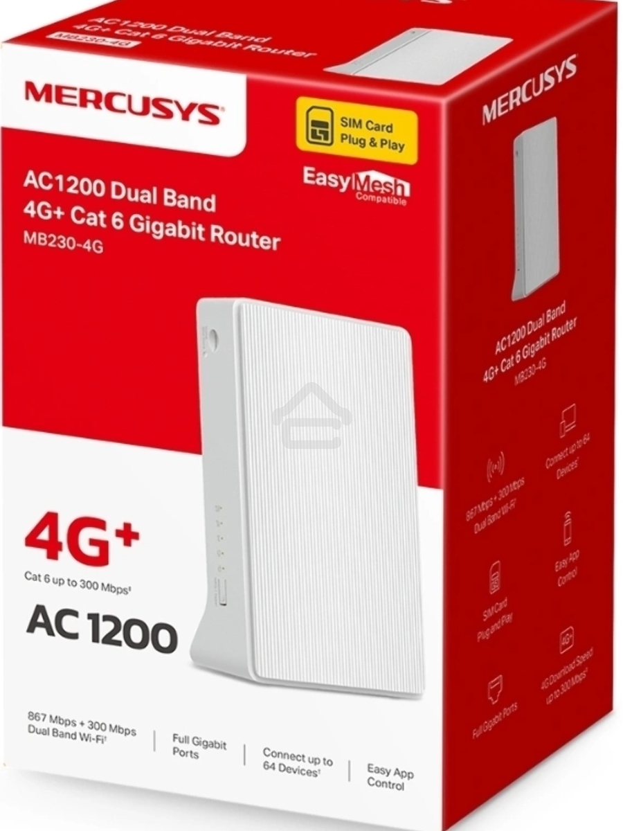 Двухдиапазонный гигабитный роутер Mercusys MB230-4G Wi-Fi AC1200 с поддержкой 4G+ категории 6