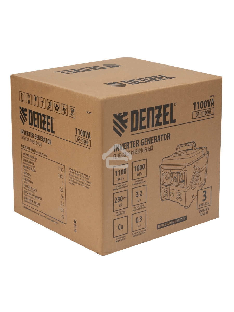Генератор инверторный GS-1100iF, 1,1 кВт, 230 В, ручной старт DENZEL