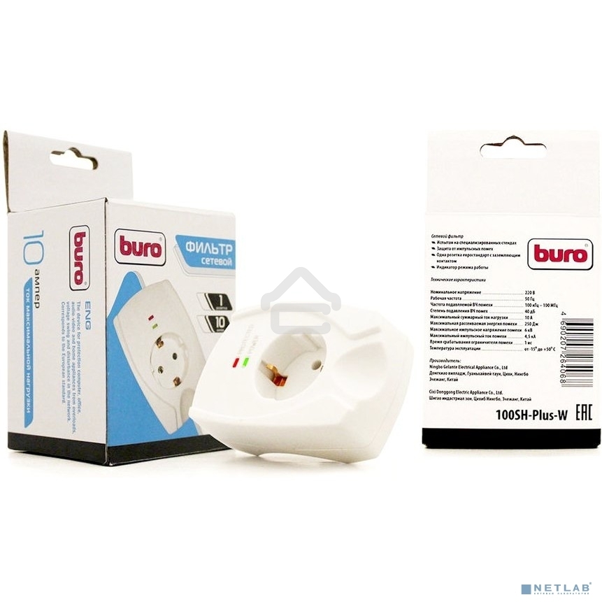 Сетевой фильтр Buro 100SH-Plus-W (1 розетка) белый, коробка