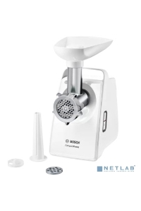 Мясорубка Bosch MFW3910W CompactPower, 1900Вт, 2,3 кг/мин, цвет: белый, механическая за щита от перегрузки, 1 скор. Комплект: 2 диска для фарша, насадка для кол басок