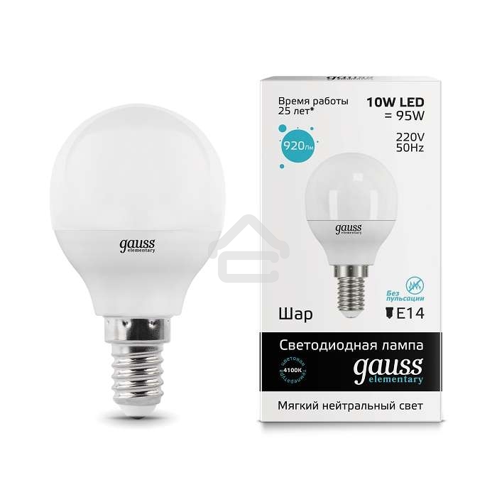 Лампа светодиодная LED Gauss 10Вт E14 220В 4100К Elementary шар 53120