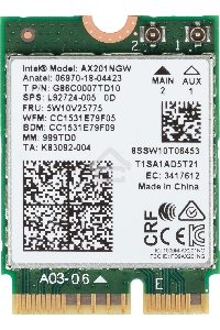 Плата сетевого контроллера Intel® Wi-Fi 6 AX201, 2230, 2x2 AX+BT, No vPro®,999TD0