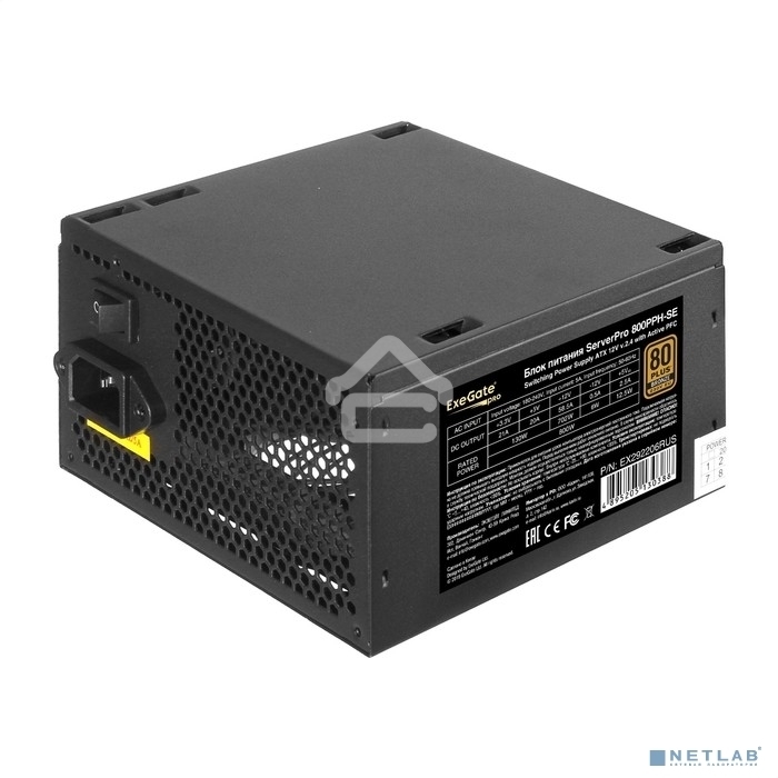 Блок питания серверный 800W ExeGate EX292206RUS ServerPRO 80 PLUS Bronze, 800PPH-SE (ATX, for 3U+ cases, APFC, КПД 89% (80 PLUS Bronze), 12cm fan, 24pin, 2x(4+4)p, 4xPCI-E, 8xSATA, 4xIDE, box, black)