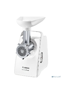Мясорубка Bosch MFW3910W CompactPower, 1900Вт, 2,3 кг/мин, цвет: белый, механическая за щита от перегрузки, 1 скор. Комплект: 2 диска для фарша, насадка для кол басок