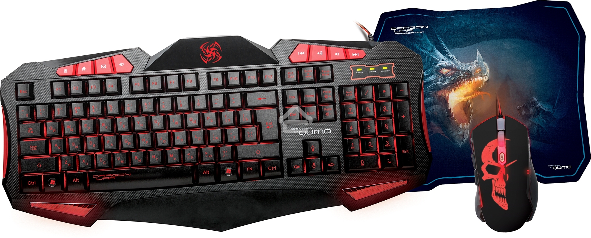 Игровой набор Qumo Axe Strike, проводная, 104+8 клавиш, встроенные подсветки общая + кнопок 7 цветов, мышь проводная, оптическая, коврик