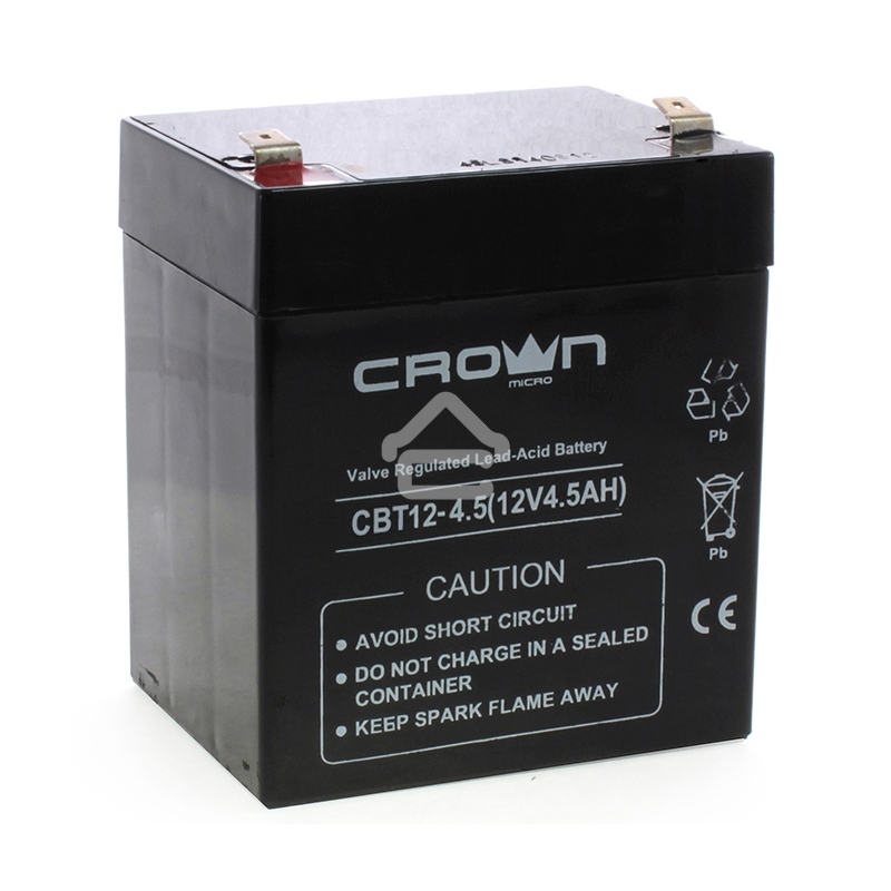 Батарея CROWN CBT-12-4.5, напряжение 12В, ёмкость4,5 А/Ч, размеры (мм)90х70х101, вес 1,48 кг, тип клеммы - F2, тип АКБ - свинцово кислотная с загущеным электролитом в гель, срок службы 6 лет