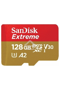 Флеш карта microSDXC 128GB SanDisk EXTREME Class 10, UHS-I, W90, R 190 МБ/с, <SDSQXAA-128G-GN6MA> адаптер на SD