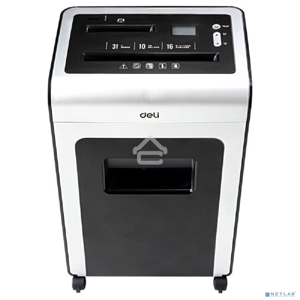 Шредер Deli E9917-EU черный/белый с автоподачей (секр.P-4)/фрагменты/16лист./31лтр./скрепки/скобы/пл.карты/CD