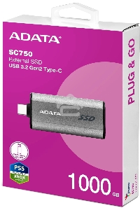 Твердотельный диск A-DATA External SC750 серый SC750-1000G-CCBK 1TB USB 3.2 Gen 2 Type-C, [R/W -1050/1000 MB/s]