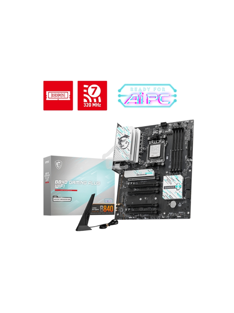 Материнская плата MSI B840 GAMING PLUS, Socket AM5, AMD B840, 4xDDR5, 4xSATA, 2xM.2, 1xPCI-E 4.0 x16, 1xPCI-E 3.0 x4, 3xPCI-E 3.0 x1, 1xHDMI, 1x 2.5Gb LAN, 4xUSB-A 2.0, 2xUSB-A 5Gbps, 1xUSB-C 5Gbps, 1xUSB-A 10Gbps, 1xUSB-C 10Gbps, 3x3.5 мм, 7.1, ATX