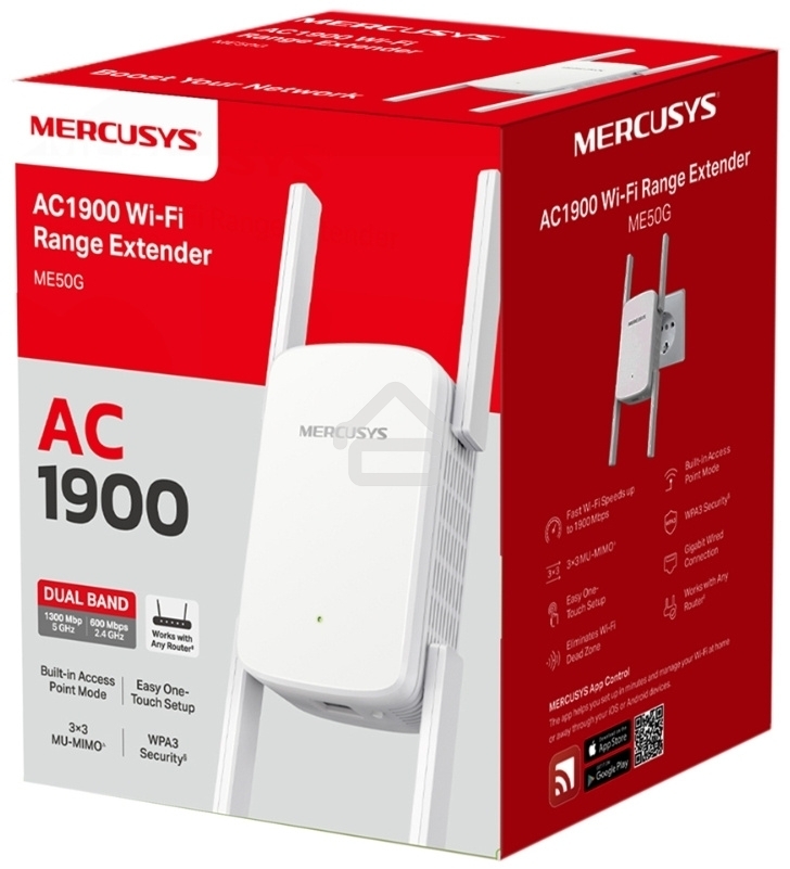 Роутер AC1900 Wi-Fi Range ExtenderSPEED: 600 Mbps at 2.4 GHz + 1300 Mbps at 5 GHz SPEC:4× Fixed External Antennas, 1× Gigabit Port, Wall PluggedFEATURE: MERCUSYS APP, WPS/Reset Button, Signal Indicator, Range Extender/Access Point mode, Adaptive Path