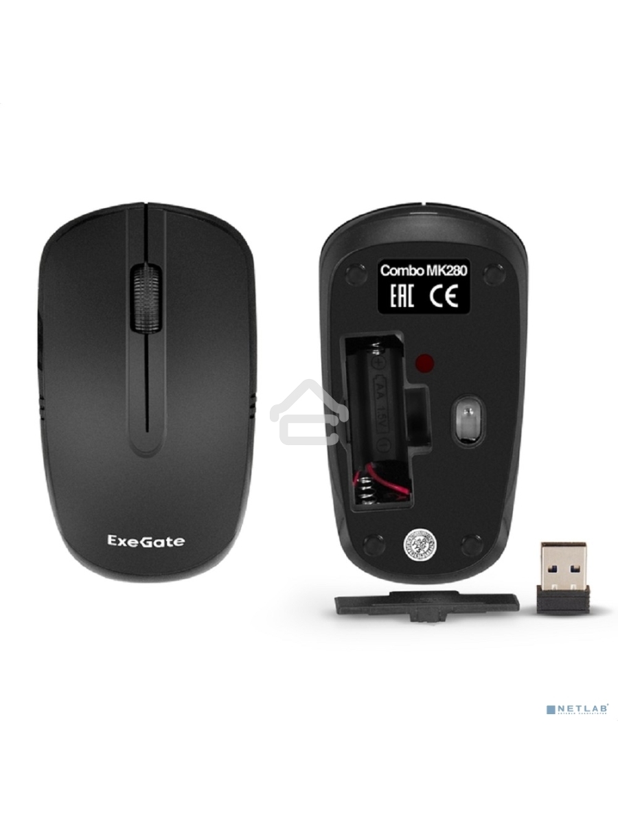 Комплект беспроводной ExeGate Professional Standard Combo MK280 (клавиатура полноразмерная влагозащищенная 104кл. + мышь оптическая 1000dpi, 3 кнопки и колесо прокрутки; USB, радиоканал 2,4 ГГц, радиус действия до 10м, черный, Color Box)