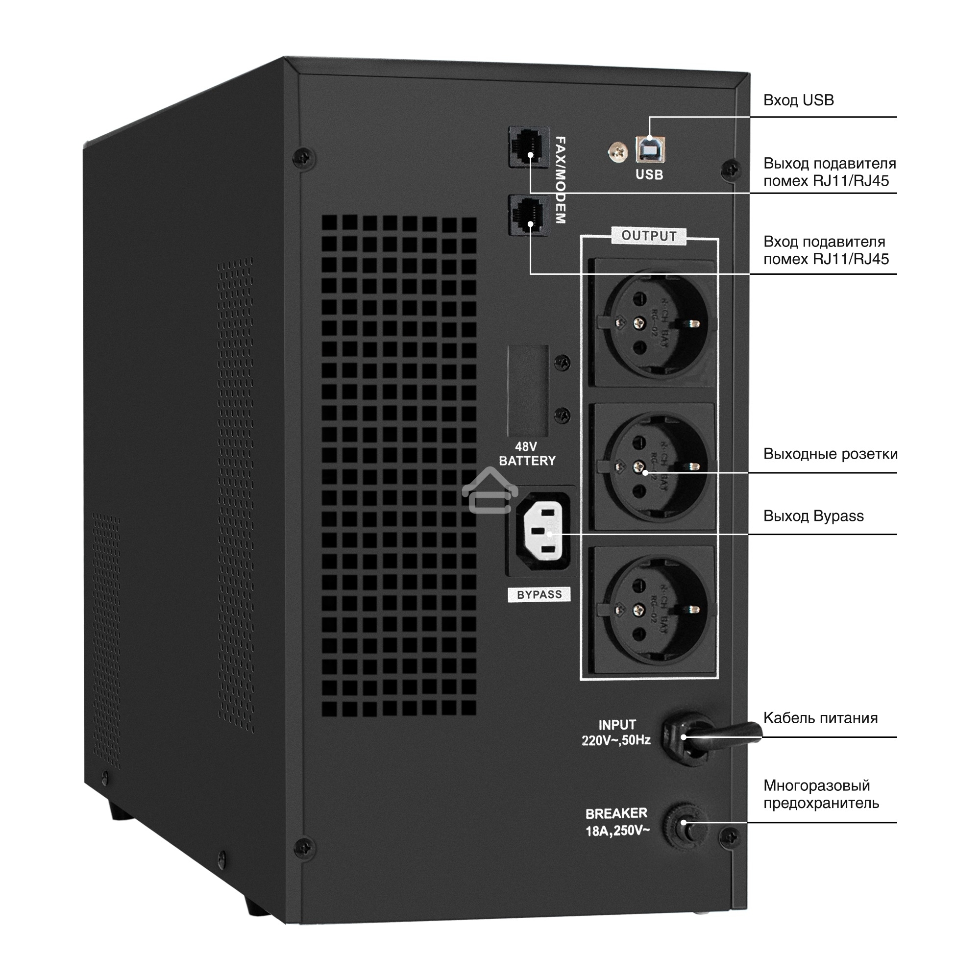Источник бесперебойного питания (инвертор, синус, для котла) ExeGate SineTower SN-3000.LCD.AVR.3SH.1C13.RJ.USB <3000VA/2400W, чистая синусоида, LCD дисплей, AVR, 3*Schuko+1*C13, RJ45/11, USB, линейно-интерактивный, Black>