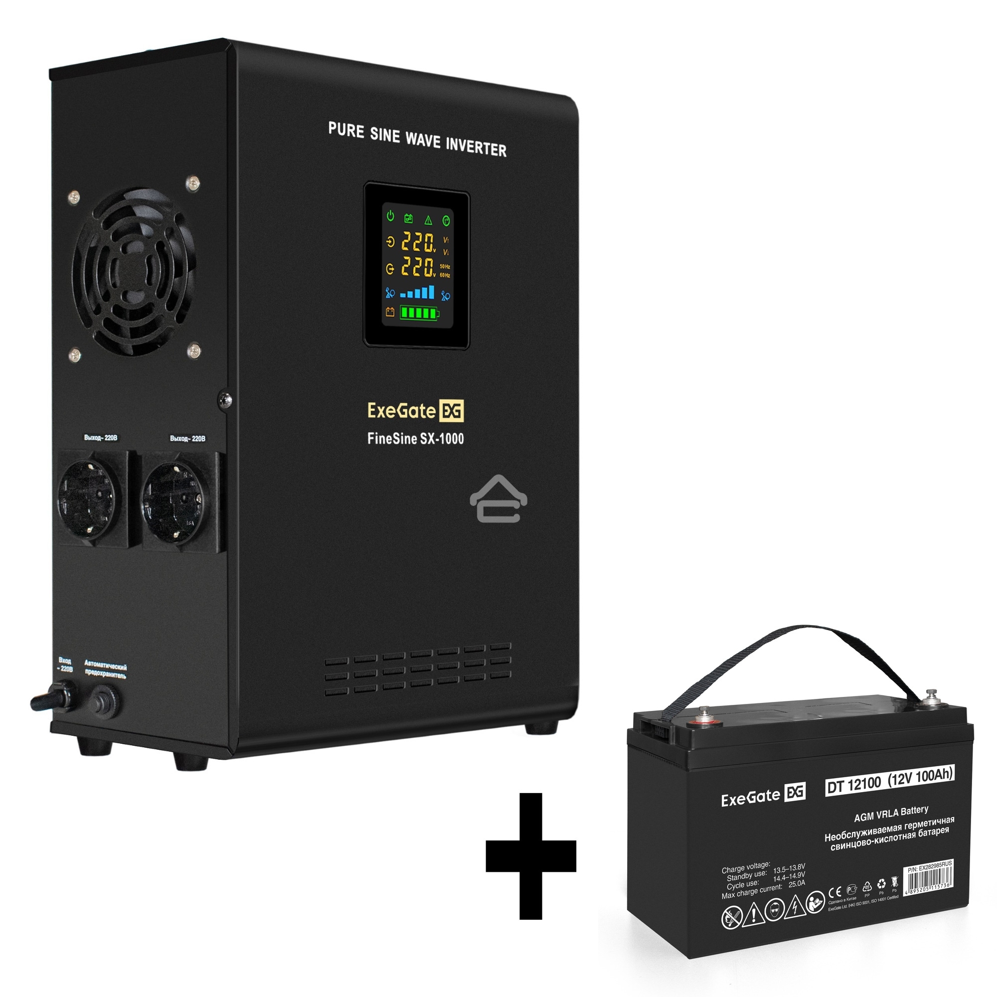 Комплект ИБП EX295997RUS + батарея 100Aч EX282985RUS 1шт (инвертор, синус, для котла, настенный) ExeGate FineSine SX-1000.LCD.AVR.2SH <1000VA/600W, чистая синусоида, цветной LCD-дисплей, AVR, 2*Schuko, линейно-интерактивный, крепление настенное/универсаль