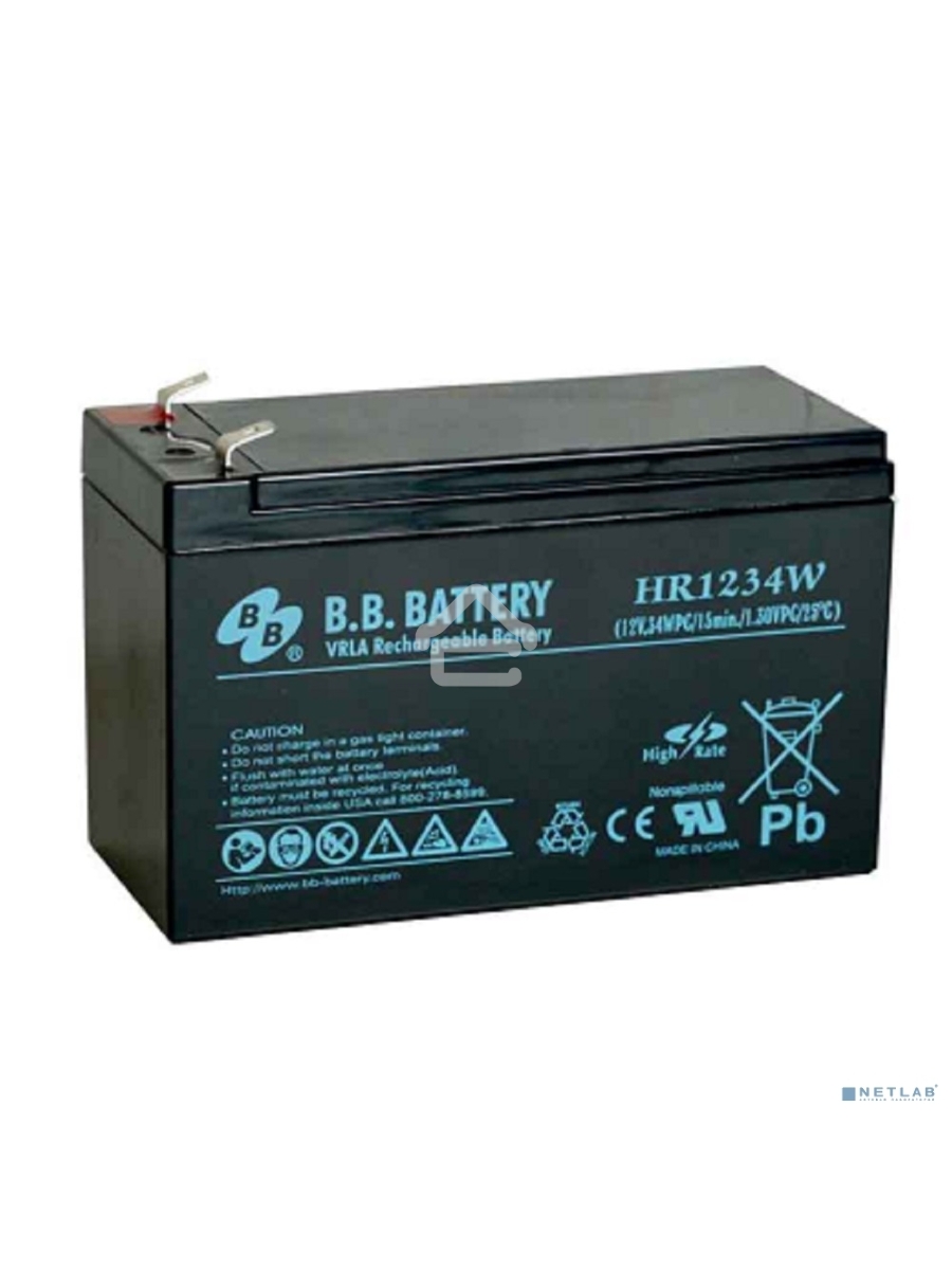 Батарея B.B. Battery серия HR, HR1234W, напряжение 12В, емкость 9Ач (разряд 20 часов), емкость 7Ач (разряд 10 часов), макс. ток разряда (5 сек.) 105А, макс. ток заряда 2.1A, свинцово-кислотная типа AGM, клеммы Т2, ДxШxВ 151x65x100мм., вес 2.5кг., срок слу