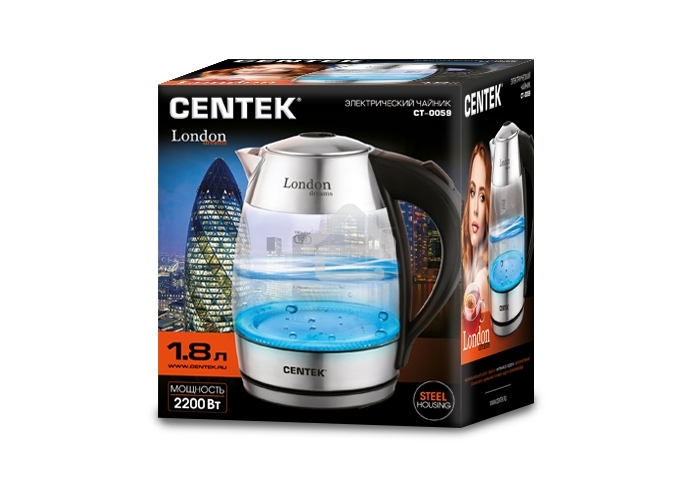 Чайник Centek CT-0059 London, стекло, 1.8л, 2200Вт, LED-подсветка, отделка нерж.