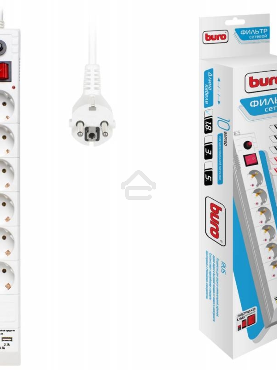 Сетевой фильтр Buro BU-SP1.8_USB_2A-W 1.8м (6 розеток) белый (коробка)