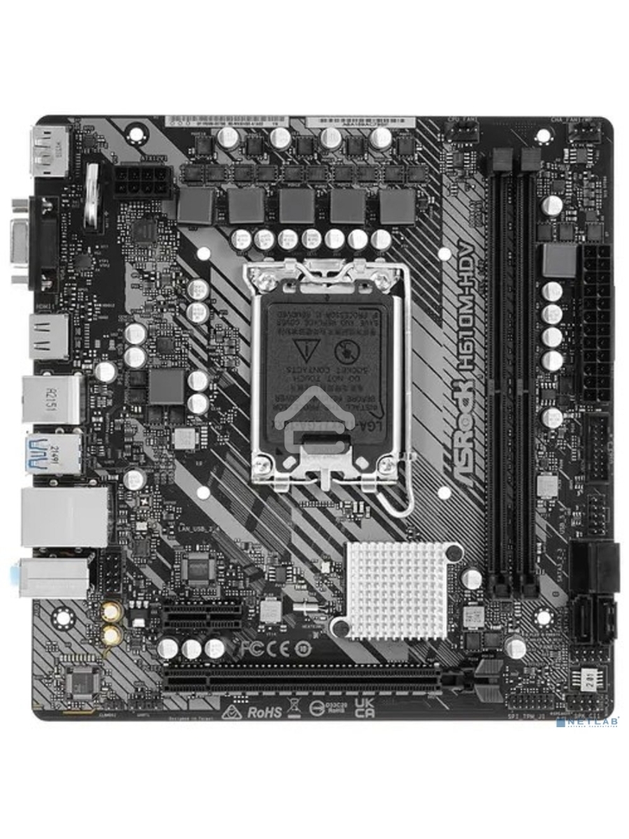 Материнская плата ASRock H610M-HDV, LGA 1700, Intel H610, 2xDDR4, 4xSATA, 1xPCIe 4.0 x16, 1xPCIe x1, 1xHDMI, 1xDP, 1xVGA, 1x 1Gb LAN, 2xUSB-A 3.2 Gen 1, 4xUSB-A 2.0, 3x3.5 мм, 7.1, mATX