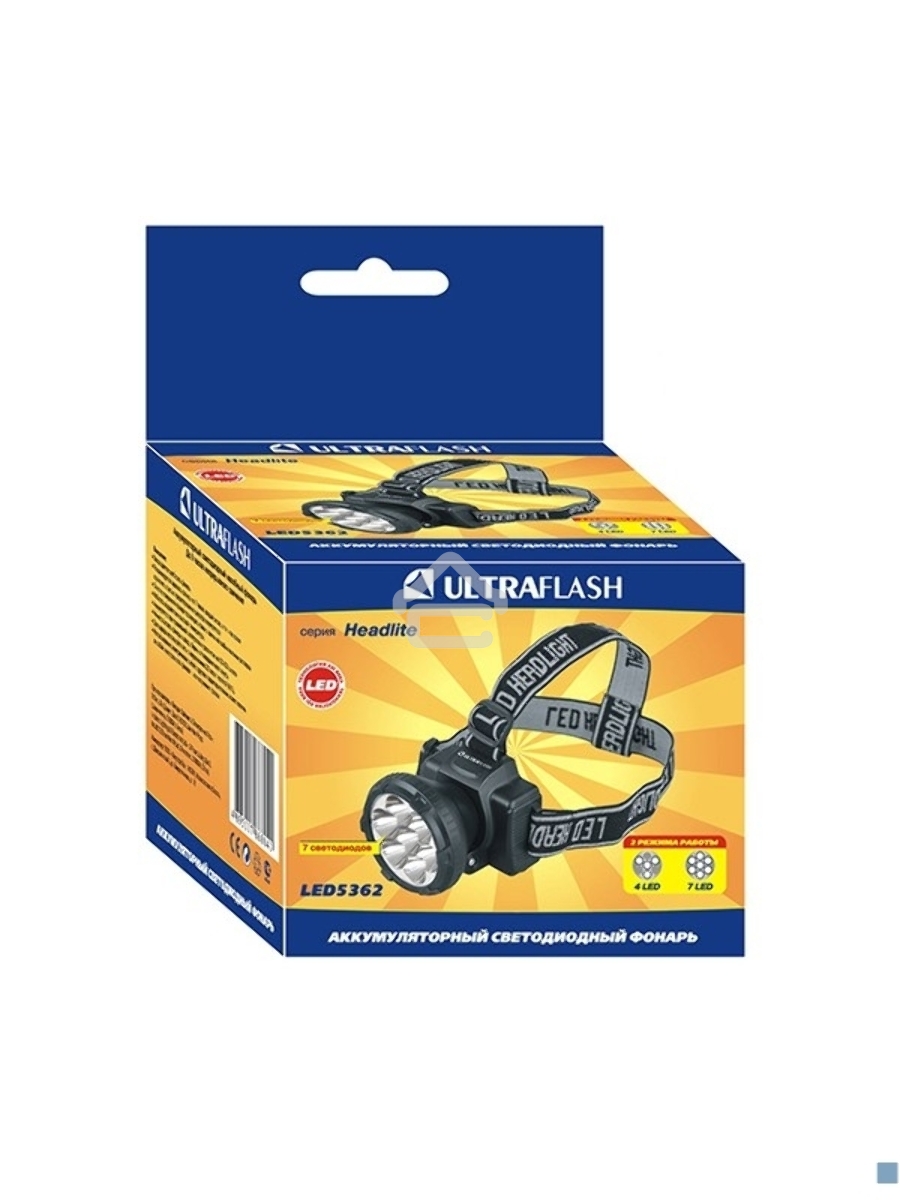 Фонарь ULTRAFLASH LED5362налобн аккум 220в черный 7led 2 реж пласт бокс