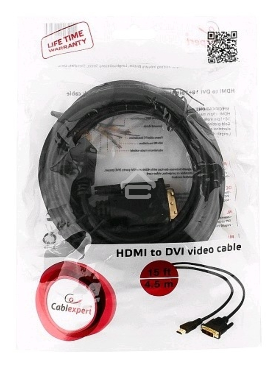 Кабель HDMI-DVI Cablexpert CC-HDMI-DVI-15, 19M/19M, single link, медь, позол.разъемы, экран, 4.5м, черный, пакет